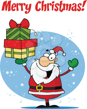 Royalty Free Clipart Image of Santa With Gifts on a Merry Christmas Greeting