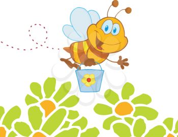 Royalty Free Clipart Image of a Bee With a Bucket in a Garden