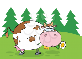Royalty Free Clipart Image of a Cow in a Pasture Eating a Daisy