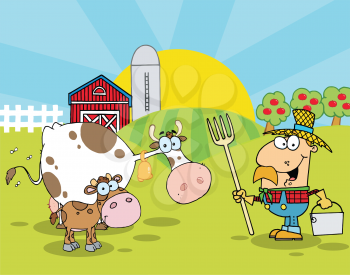 Royalty Free Clipart Image of a Farmer in a Field With a Cow and Calf