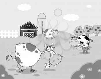 Royalty Free Clipart Image of a a Country Scene With Cows