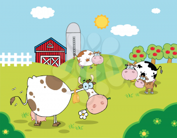 Royalty Free Clipart Image of Cattle in a Barnyard