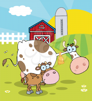 Royalty Free Clipart Image of a Cow and Calf in a Barnyard