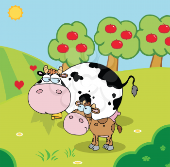 Royalty Free Clipart Image of a Cow and Calf in a Pasture
