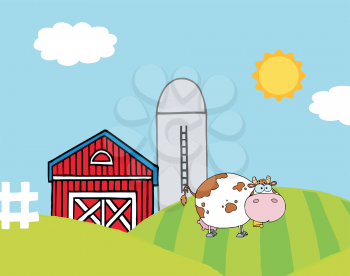 Royalty Free Clipart Image of a Cow on a Farm in Front of a Barn