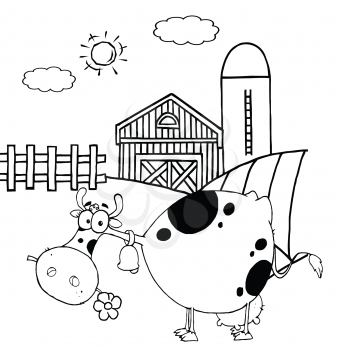 Royalty Free Clipart Image of a Cow in a Barnyard With a Daisy