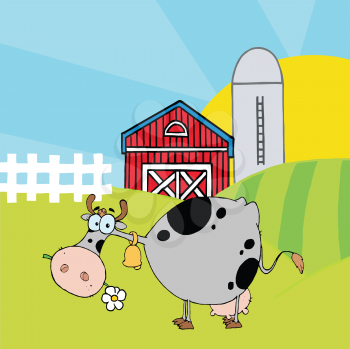 Royalty Free Clipart Image of a Cow Eating Daisies