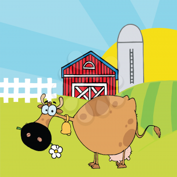 Royalty Free Clipart Image of a Cow in a Barnyard Eating a Daisy