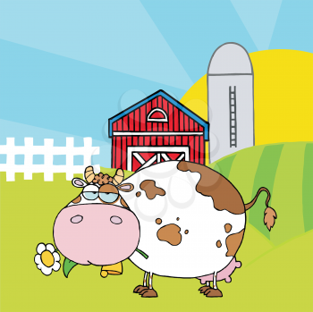 Royalty Free Clipart Image of a Cow Eating Daisies