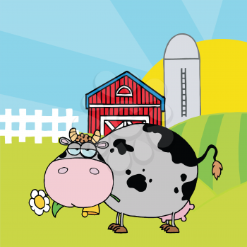 Royalty Free Clipart Image of a Cow Eating a Daisy in Front of a Barn