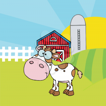 Royalty Free Clipart Image of a Cow in a Barnyard
