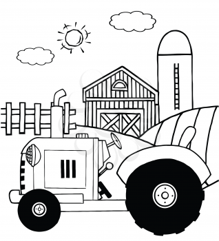 Royalty Free Clipart Image of a Tractor in Front of a Barn