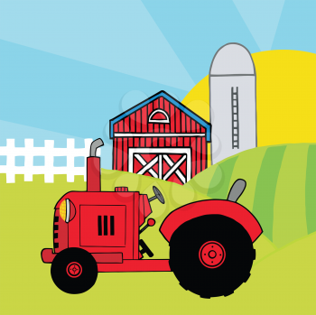 Royalty Free Clipart Image of a Red Tractor in Front of a Barn