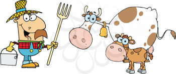 Royalty Free Clipart Image of a Farmer, Cow and Calf