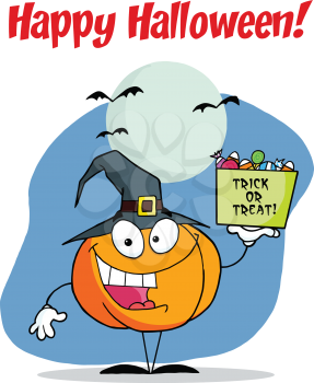 Royalty Free Clipart Image of a Jack-o-Lantern With Candy on a Happy Halloween Greeting