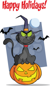 Royalty Free Clipart Image of a Halloween Greeting With a Cat and a Pumpkin