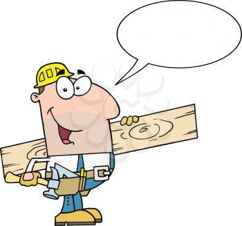 Royalty Free Clipart Image of a Builder With Lumber and a Speech Bubble