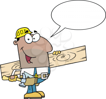 Royalty Free Clipart Image of a Guy in a Hardhat With Board and a Conversation Bubble