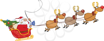 Royalty Free Clipart Image of Santa and His Reindeer