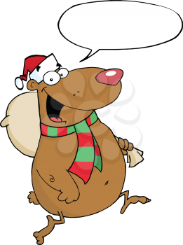 Royalty Free Clipart Image of a Santa Bear With a Bag and a Conversation Bubble