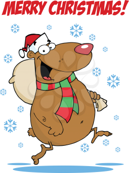 Royalty Free Clipart Image of a Santa Bear With Snowflakes and Merry Christmas