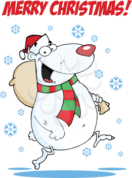 Royalty Free Clipart Image of a Santa Polar Bear and Snowflakes Under a Merry Christmas Greeting