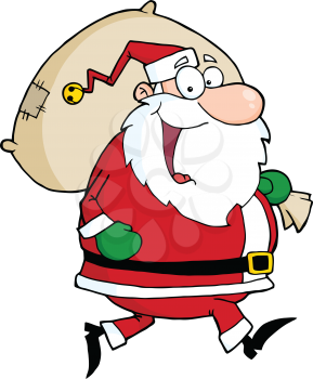 Royalty Free Clipart Image of Santa Running With His Bag of Toys