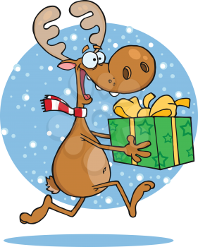 Royalty Free Clipart Image of a Reindeer Running With a Present