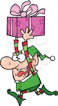 Royalty Free Clipart Image of an Elf Carrying a Present