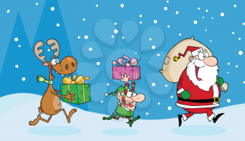 Royalty Free Clipart Image of Santa and a Reindeer and Elf Running With Presents in the Night