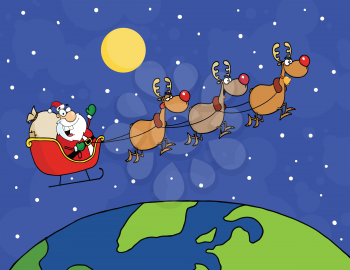 Royalty Free Clipart Image of a Santa and Reindeer Flying Around the World