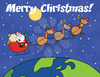 Royalty Free Clipart Image of Santa and His Reindeer Flying Around the World