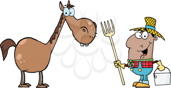 Royalty Free Clipart Image of an African American Farmer With a Horse and Pitchfork