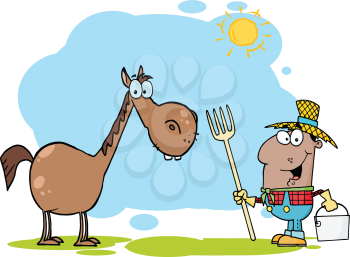 Royalty Free Clipart Image of an African American Farmer With a Horse