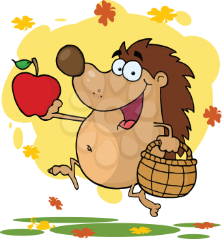 Royalty Free Clipart Image of a Hedgehog Running With an Apple