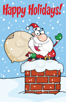 Royalty Free Clipart Image of Santa in a Chimney With Happy Holidays Above Him