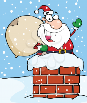 Royalty Free Clipart Image of a Waving Santa in a Chimney