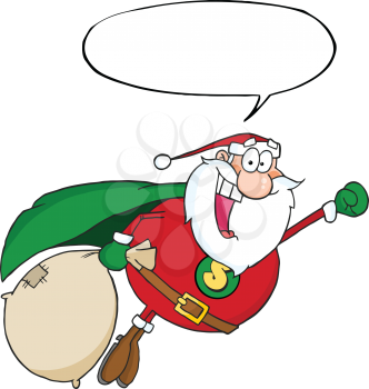 Royalty Free Clipart Image of a Superhero Santa With a Conversation Bubble