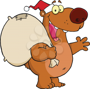 Royalty Free Clipart Image of a Waving Bear in a Santa Hat Carrying a Bag