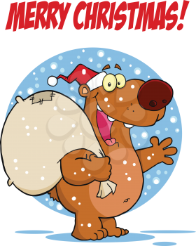Royalty Free Clipart Image of a Merry Christmas Bear With a Santa Hat and Sack