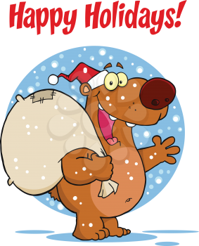 Royalty Free Clipart Image of a Santa Bear On a Happy Holidays Greeting