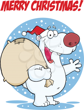 Royalty Free Clipart Image of a Polar Bear With a Santa Hat on a Merry Christmas Greeting
