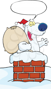 Royalty Free Clipart Image of a Waving Santa Polar Bear in a Chimney