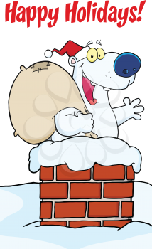 Royalty Free Clipart Image of a Waving Santa Polar Bear in a Chimney