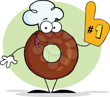 Royalty Free Clipart Image of a Donut in a Chef's Hat With a Finger Glove