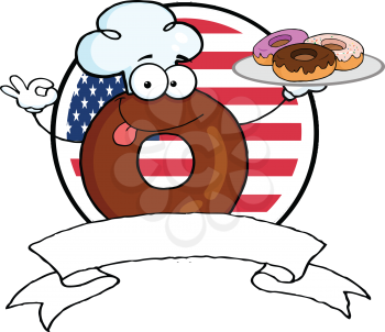 Royalty Free Clipart Image of a Donut With a Plate of Donuts in Front of an American Flag