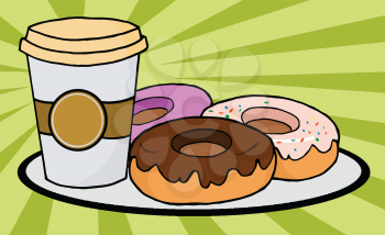 Royalty Free Clipart Image of a Coffee Cup and Plate of Donuts