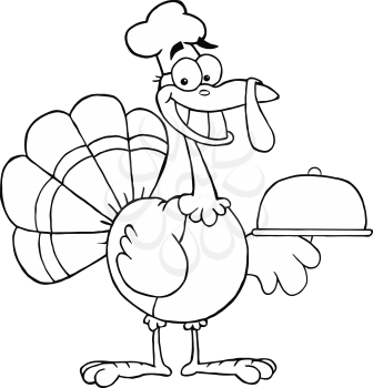 Royalty Free Clipart Image of a Turkey Chef With a Domed Platter