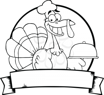 Royalty Free Clipart Image of a Turkey With a Platter Over a Banner