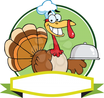Royalty Free Clipart Image of a Turkey in a Chef's Hat With a Platter Behind a Banner